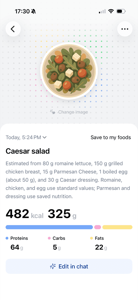 Logged Caesar salad with 482 kcal, 325 g and its protein, carb and fat breakdown