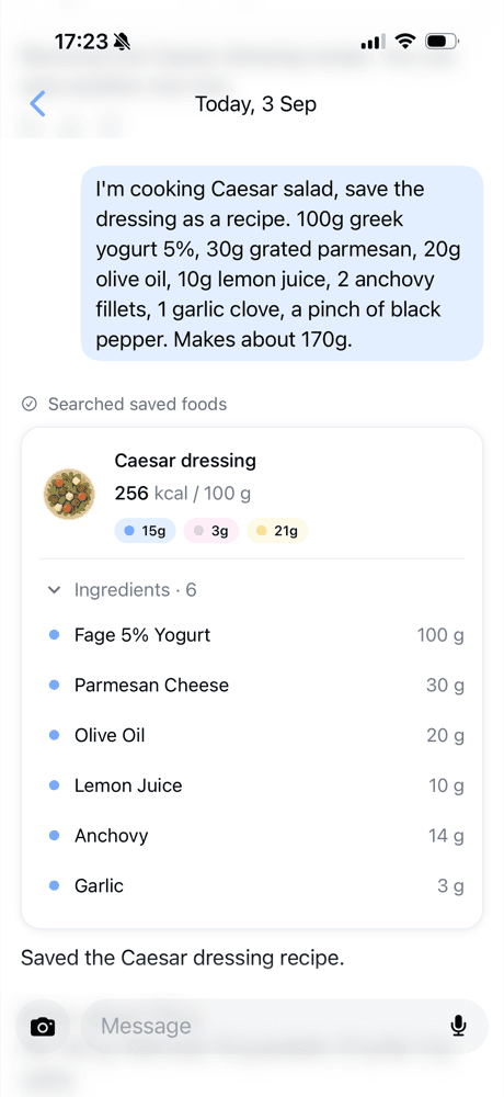 Omu chat where a Caesar dressing recipe with six ingredients is saved from one message