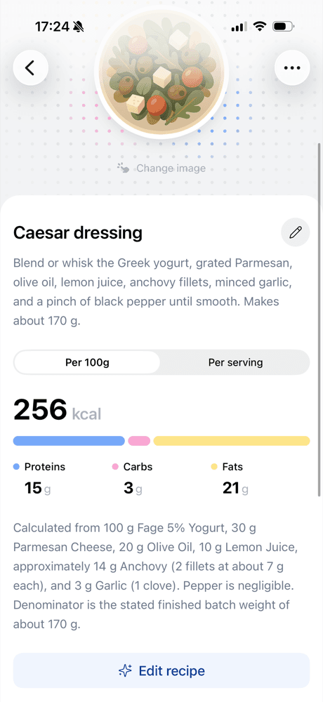 Saved Caesar dressing recipe with 256 kcal per 100 g and its macros