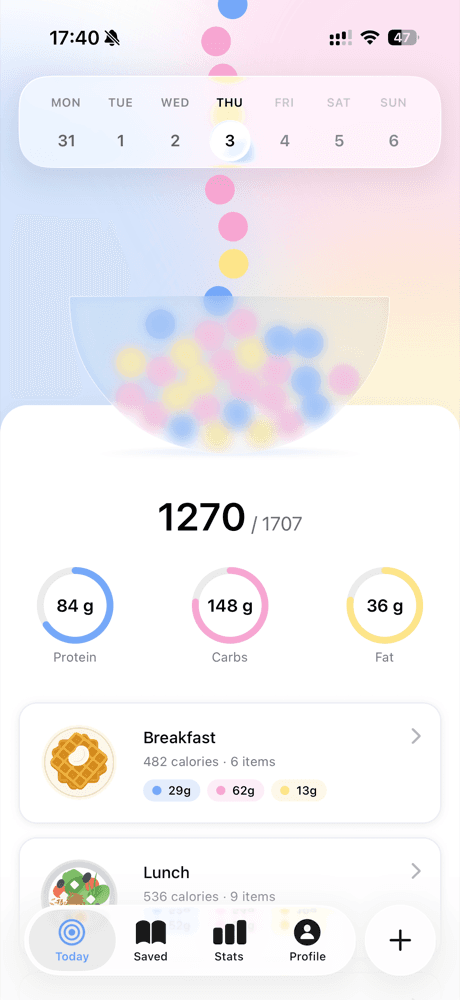 Omu Today screen showing calories eaten against the daily target and macro rings